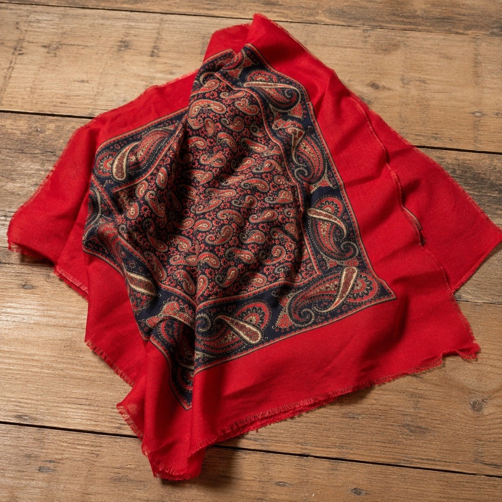 Vintage Red Paisley Square Scarf Bandana Navy Blue Accent Fringe Edge OS